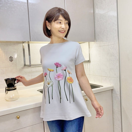 半袖ソフトフレアーロングプルオーバー(シルバー)